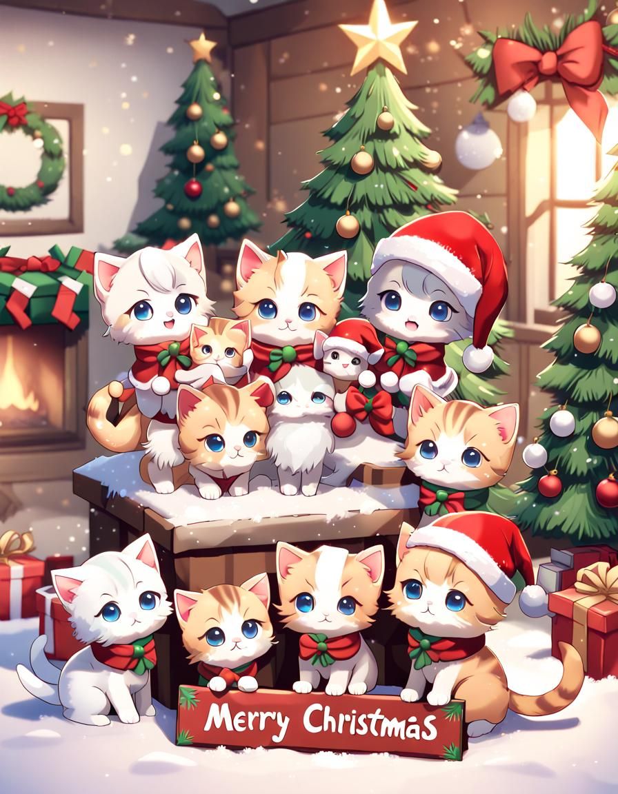Chibi Kittens Celebrate Christmas in Snowy Countryside