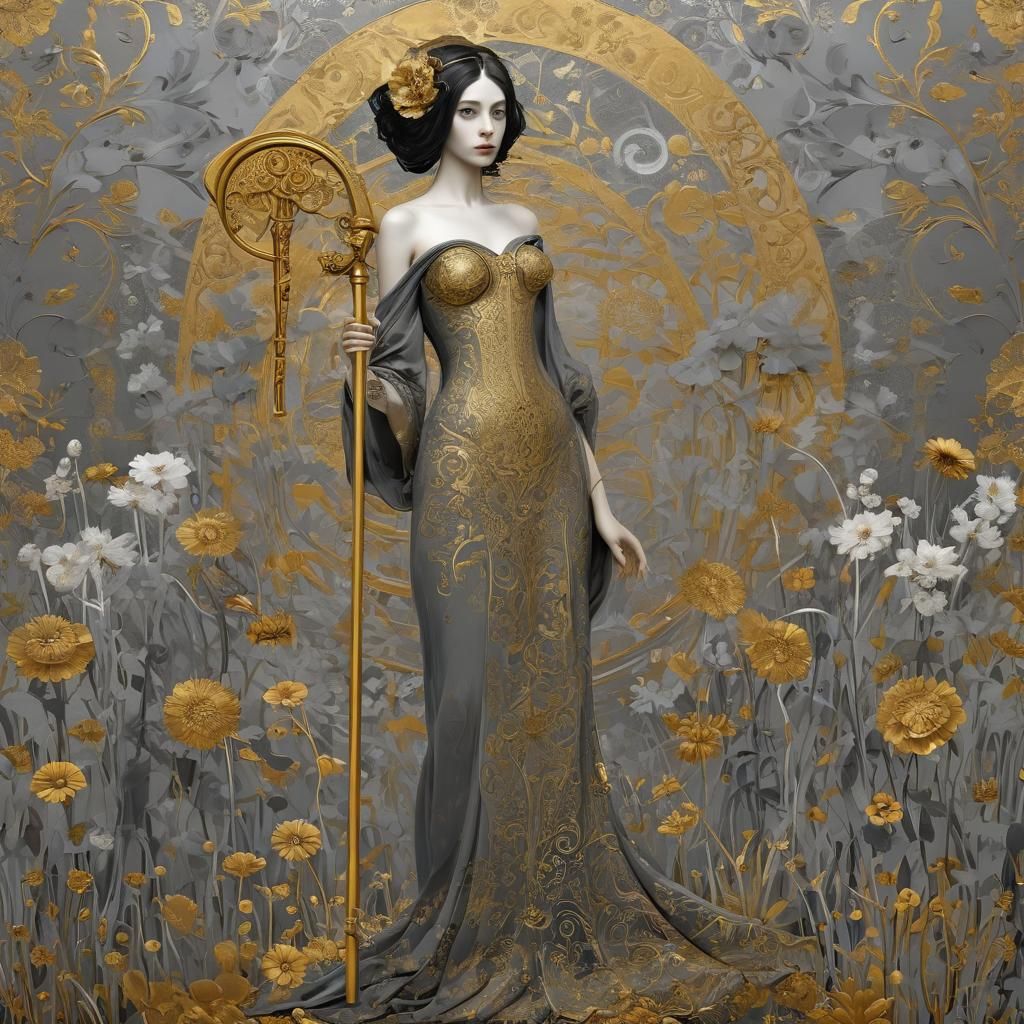 La Parca with Scythe in Klimt-Inspired Symbolist Art