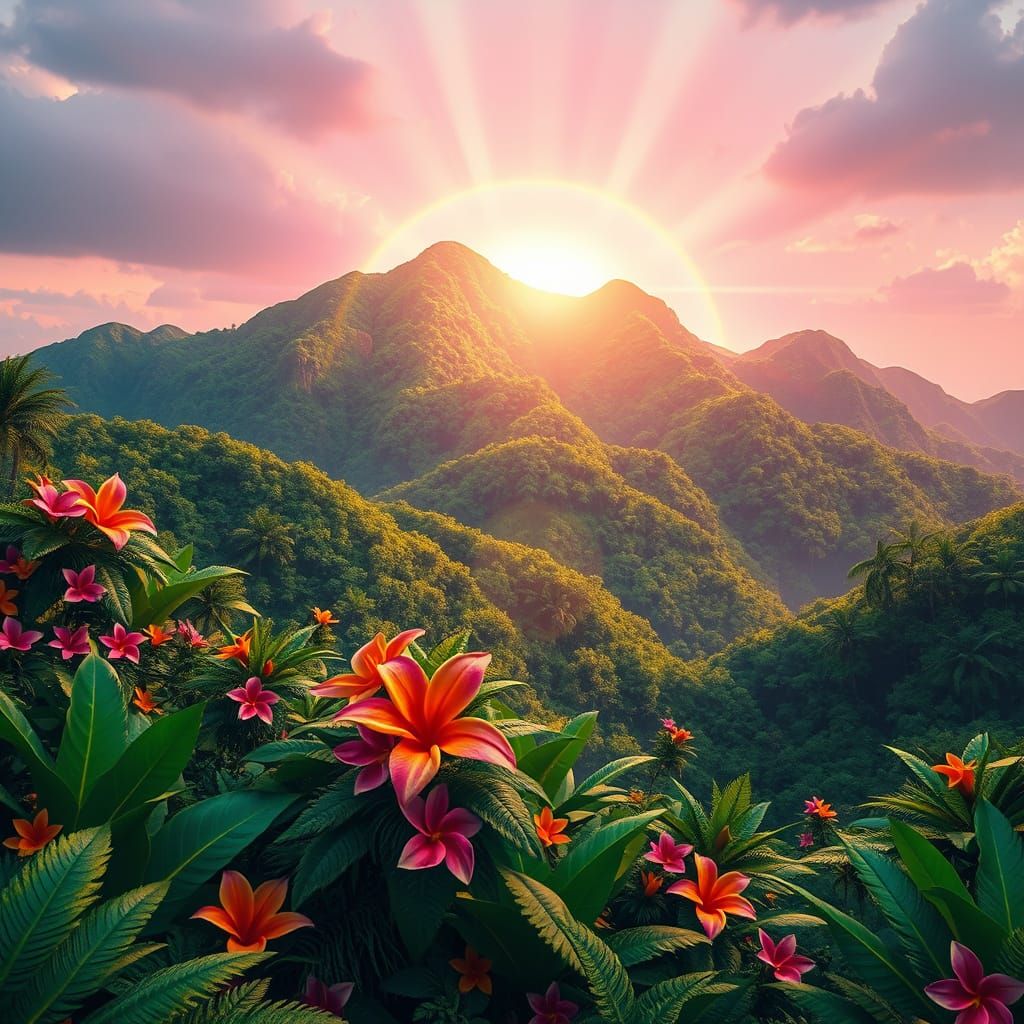 Tropical Paradise with Rainbow Horizon in Vibrant Colors