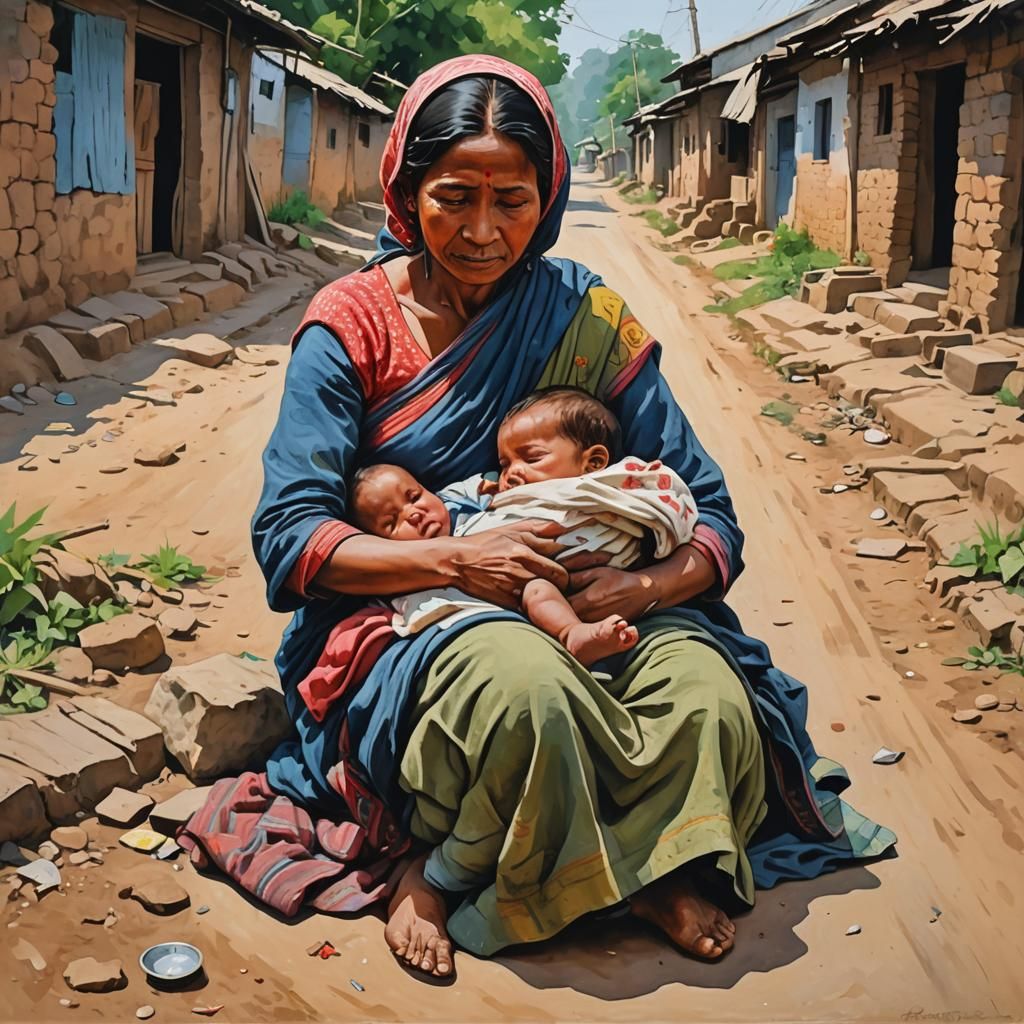 Mother and Child Gouache Painting on Village Road