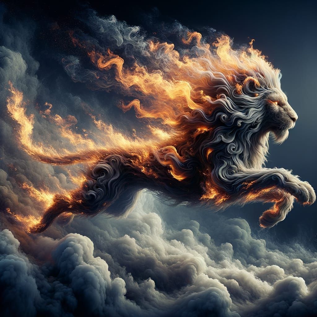 Fiery Lion Leaps from Dense Fog