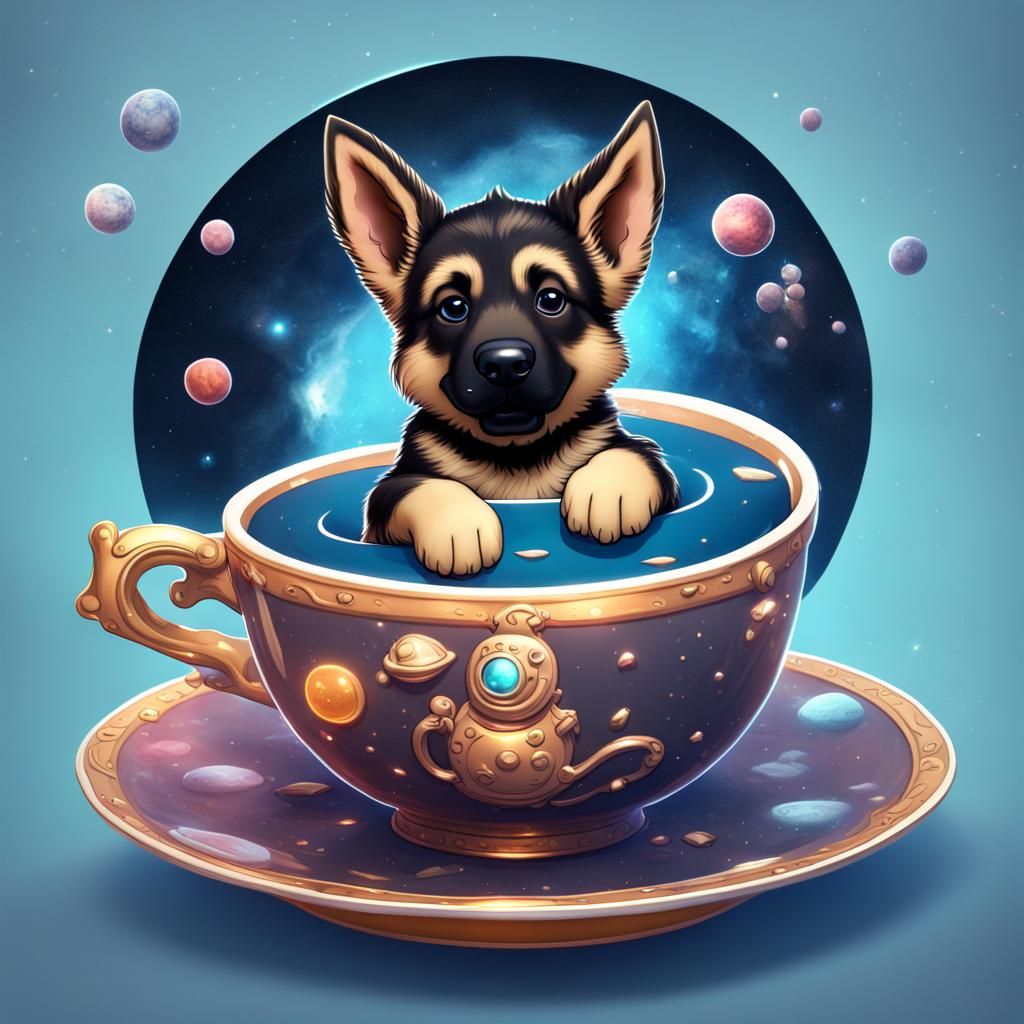Cartoon German Shepherd Puppy in Space Teacup
