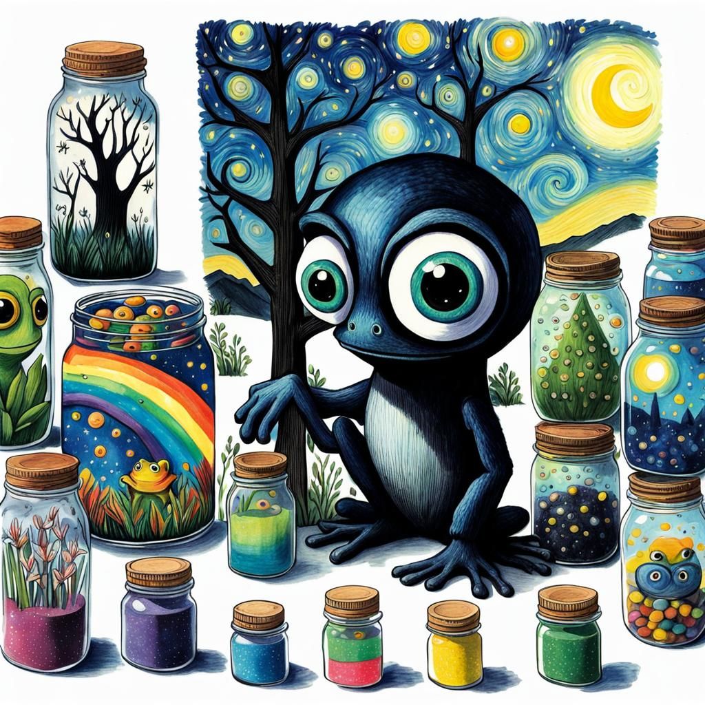 Gothic Frog in Van Gogh Style Crayon Drawing