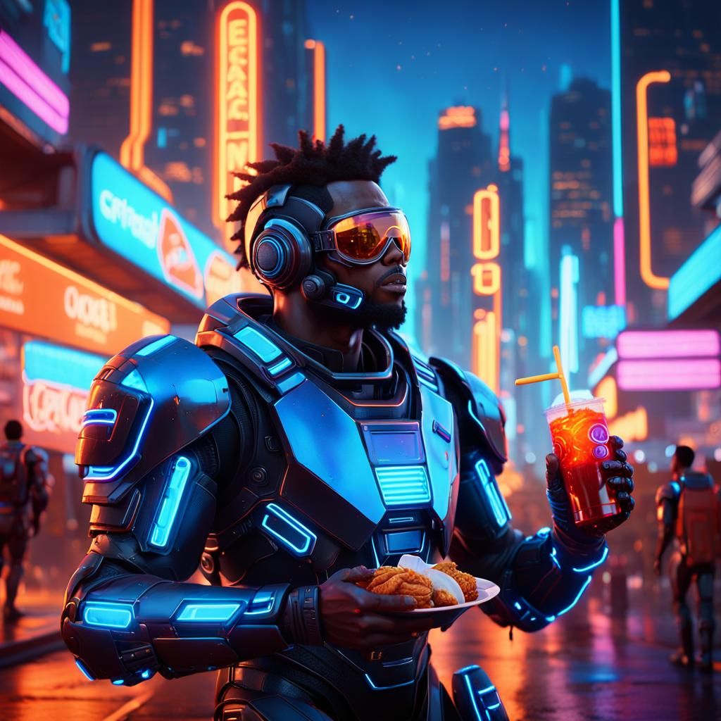 Futuristic Black Man Enjoys Meal in Neon Cityscape