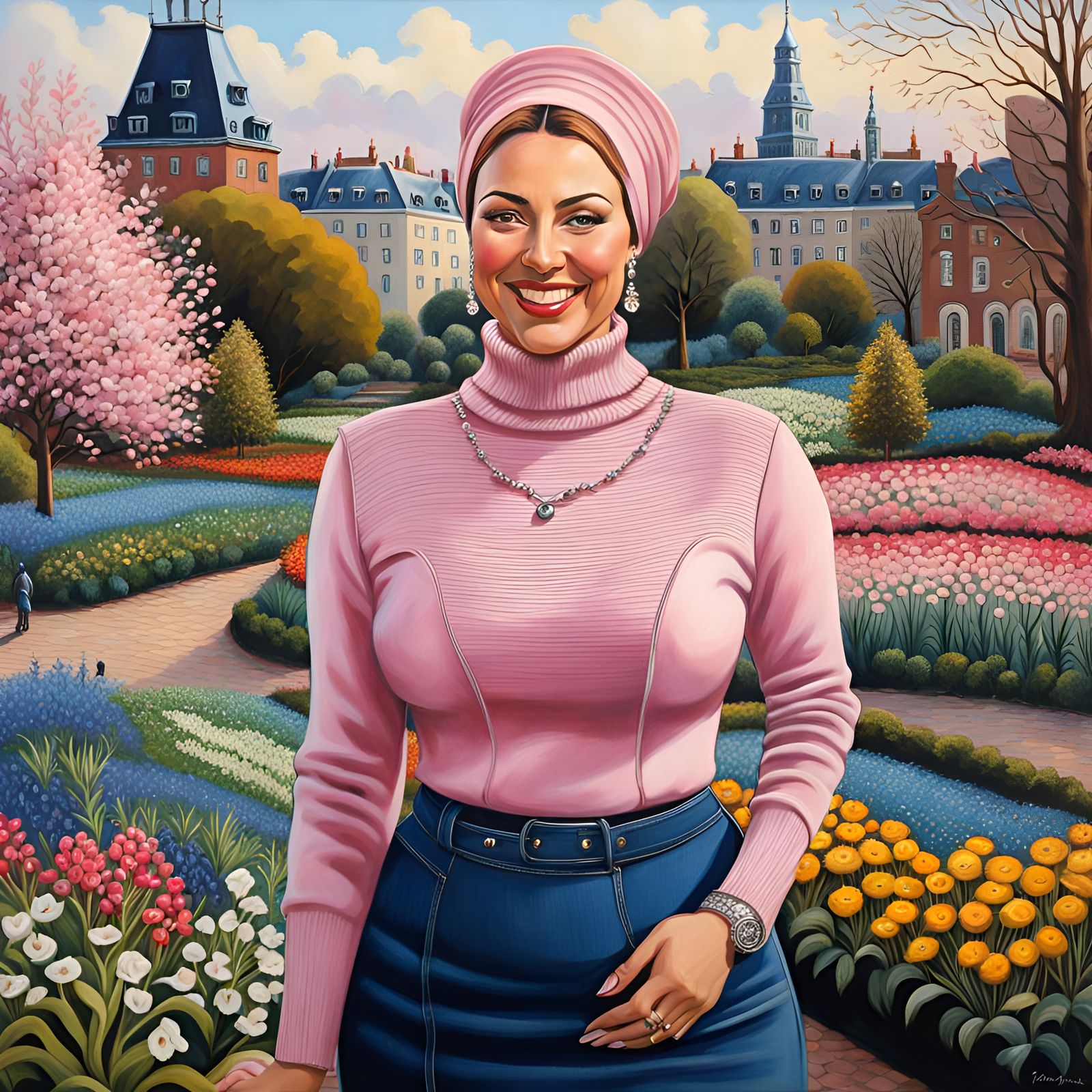 Elegant Woman in Garden with City Background