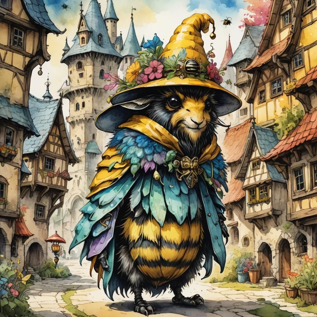 Whimsical Bumblebee Rider in Fantasy Village