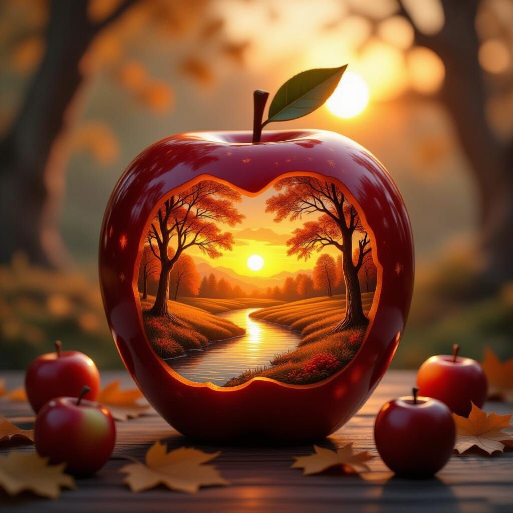 Carved Apple Art With Autumn Landscape and Warm Glow