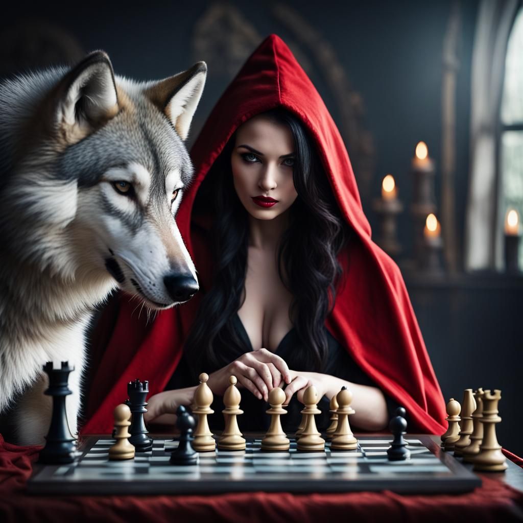 Gothic Chess Match: Red Cloak and Wolf