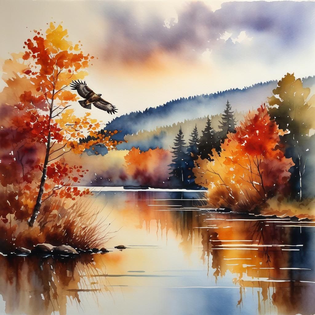 Watercolor Hawk Soaring Over Autumn Lake