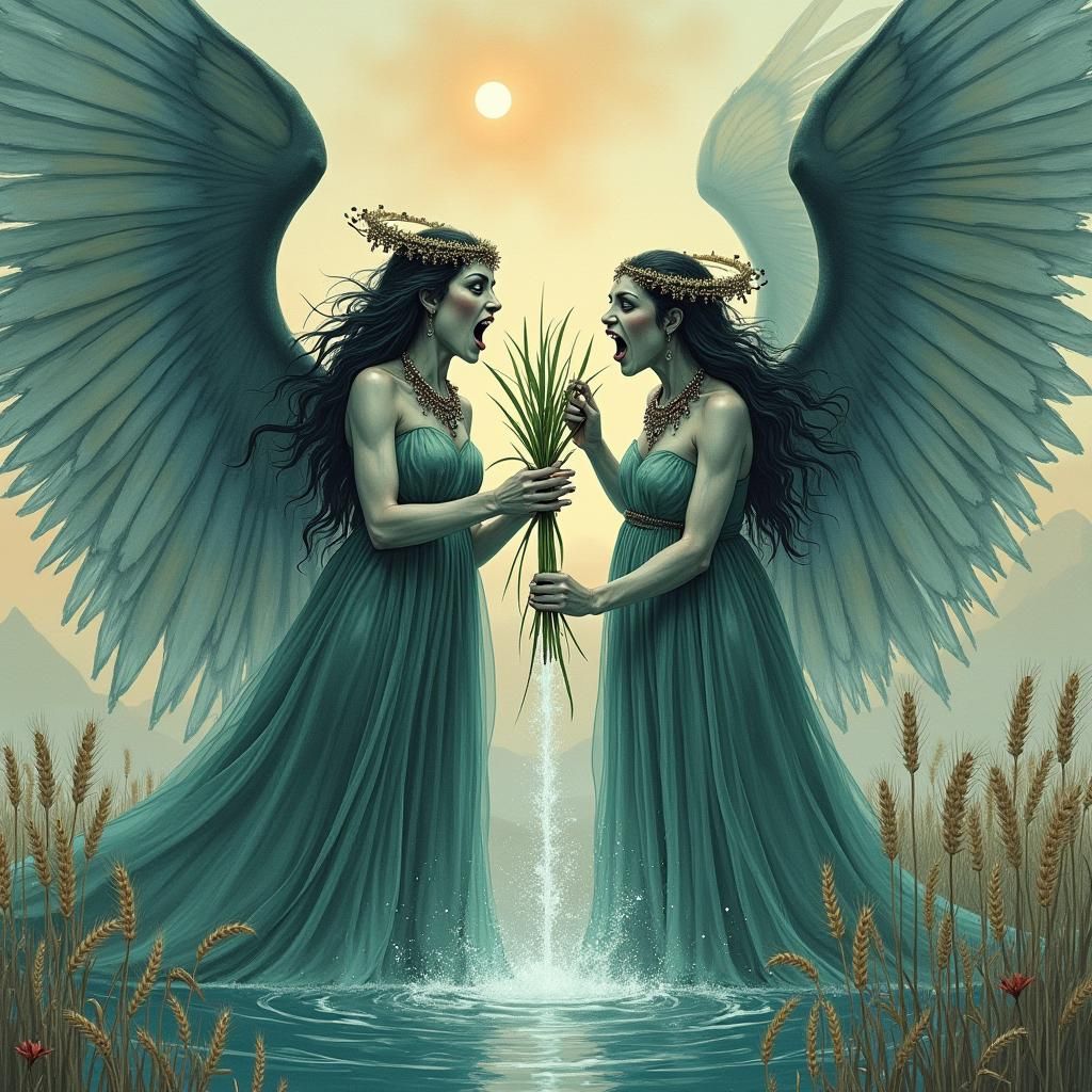 Ethereal Lake Empresses Devouring Wheat, Watercolor Illustra...