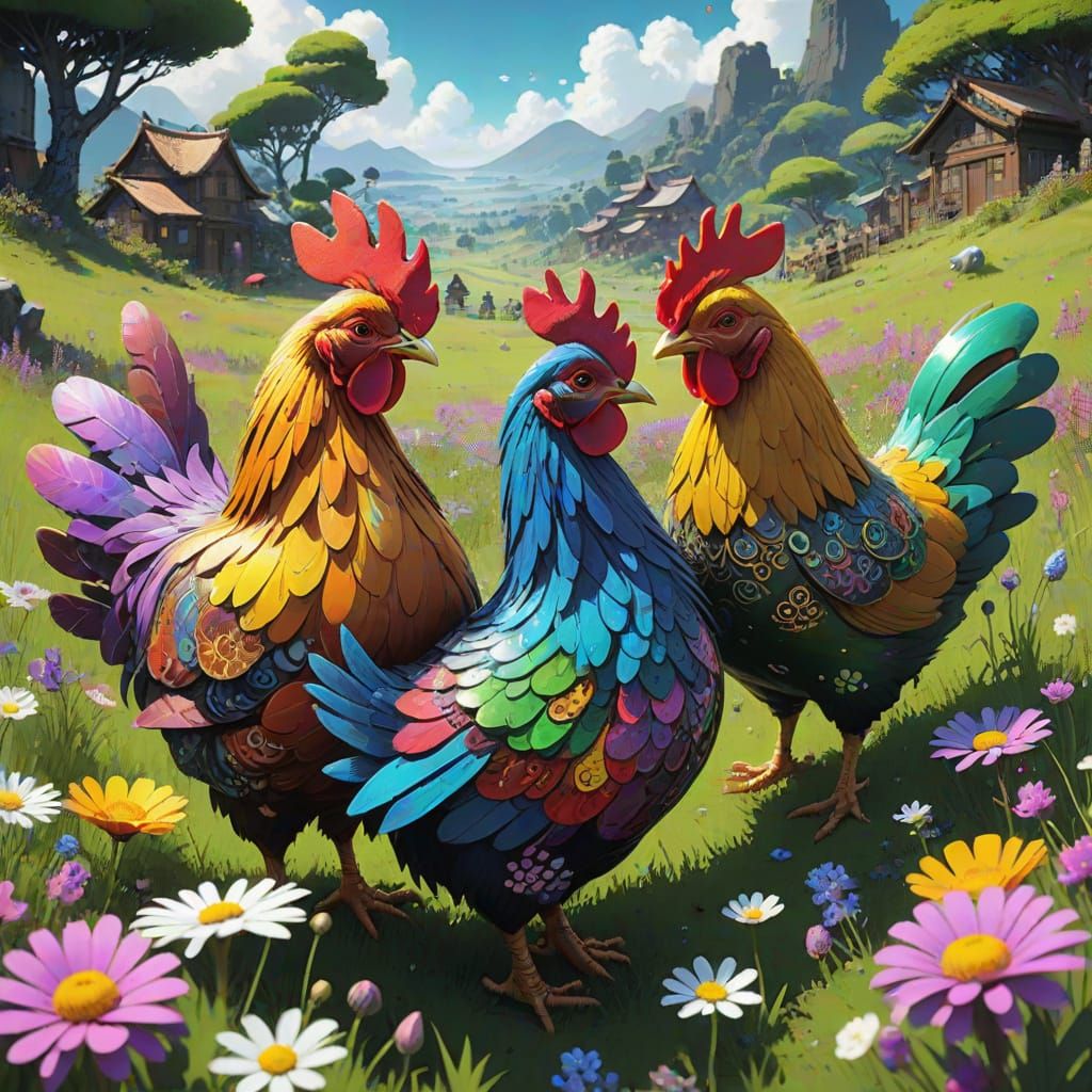 Vibrant Anime Hens in a Rainbow-Colored Meadow