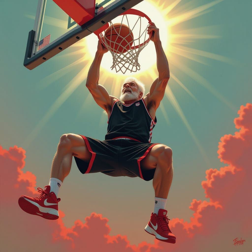 Old Man's Powerful Dunk: Hyperrealistic Art in Bold Colors