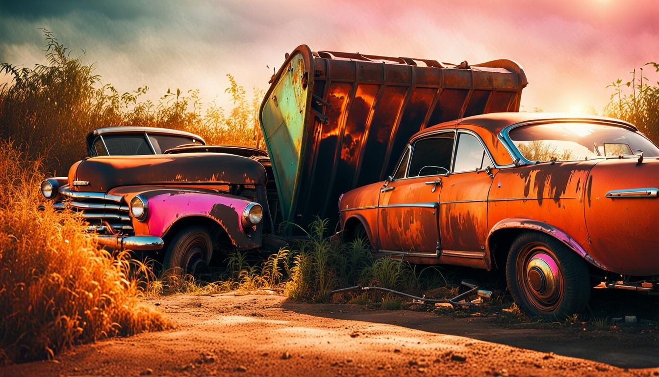 Car, old, dirty, trashbin, rusty, sunset