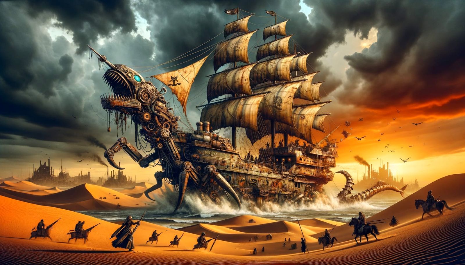 Mechanical Pirate Ship Sails Wasteland in Digital Art
