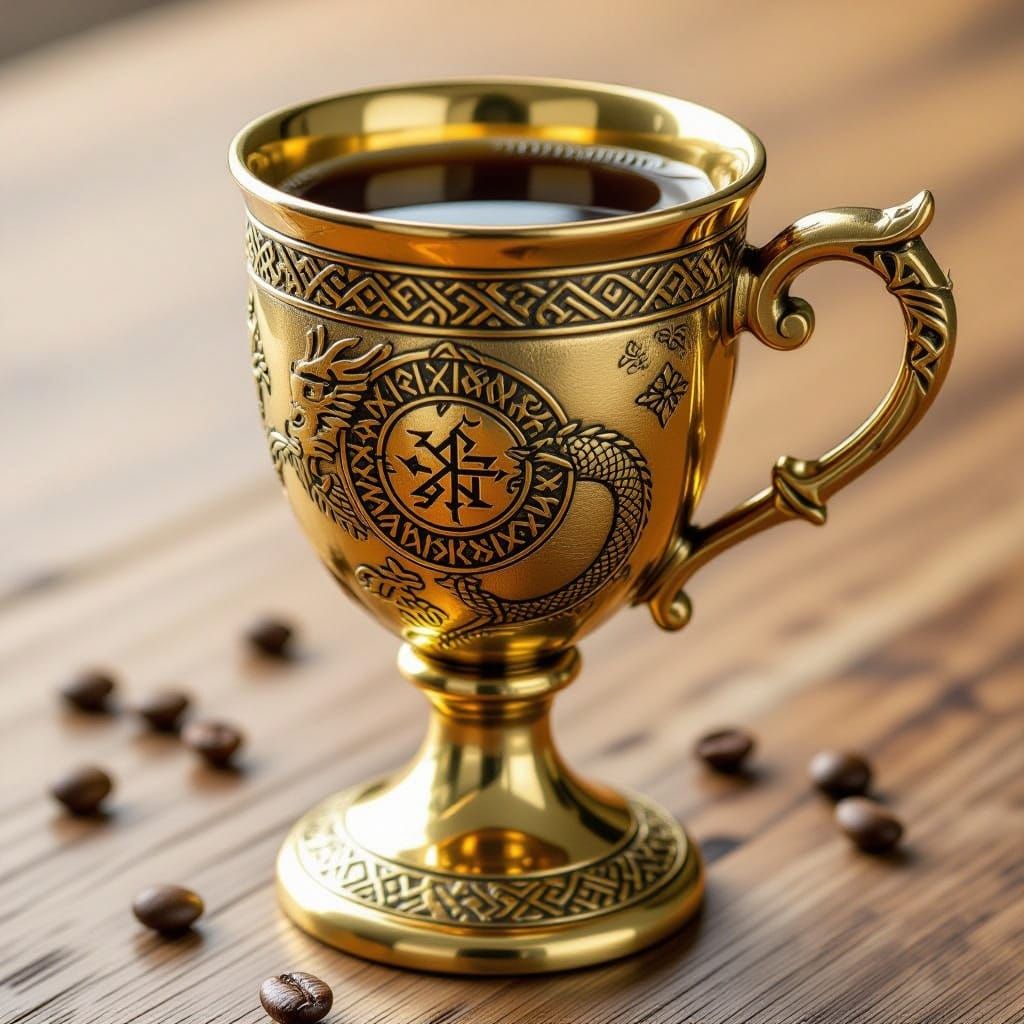 Golden Chalice of Coffee with Ancient Dragon Symbols