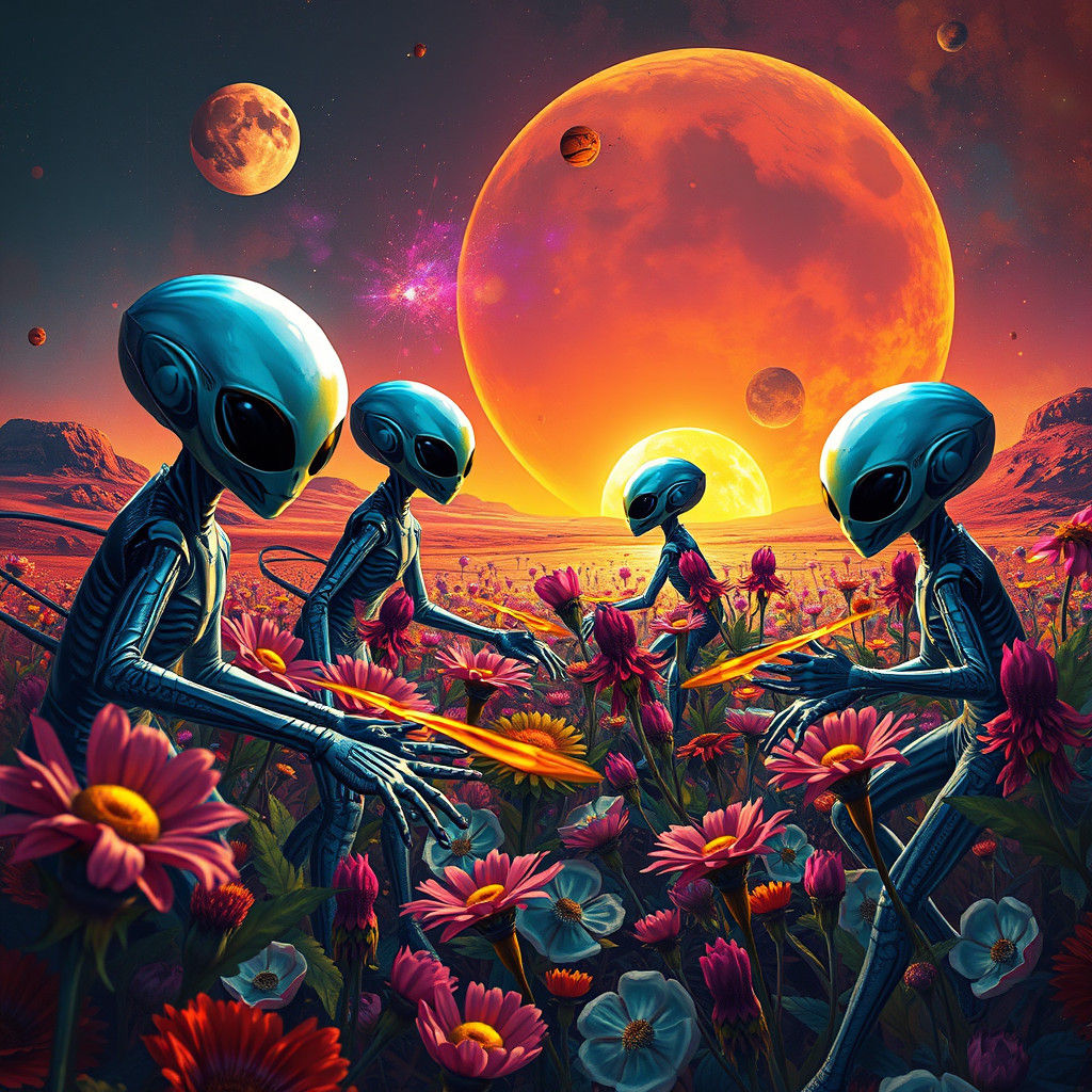 Hyperrealistic Aliens Cultivating a Martian Flower Garden
