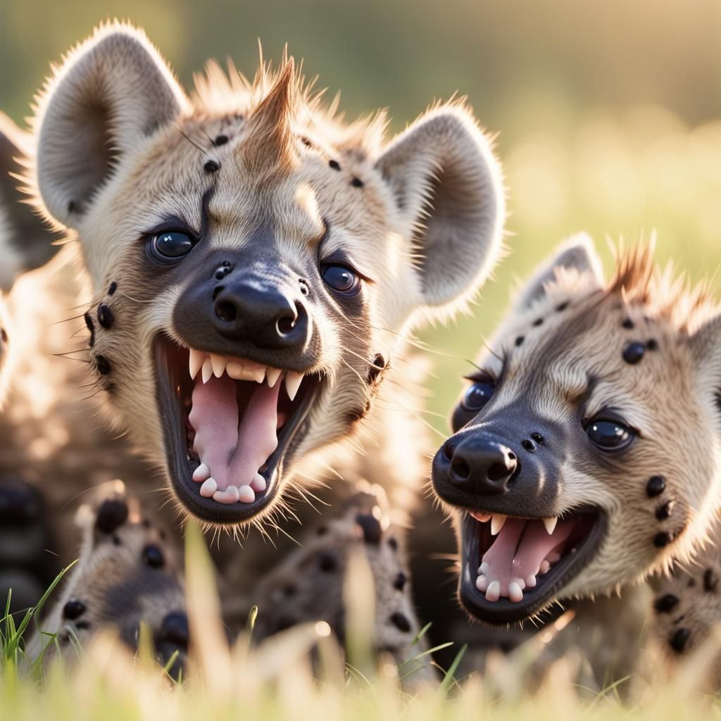 Hyperrealistic Hyena Pups Laughing in the Sunshine