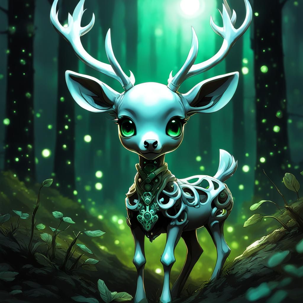 Three-Headed Chibi Skeleton Deer in Moonlight