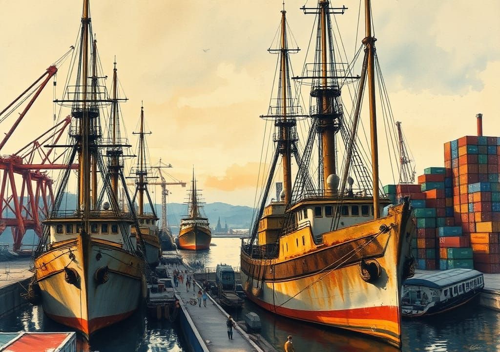 Cargo Ships in Bustling Harbor as Expressionist Painting