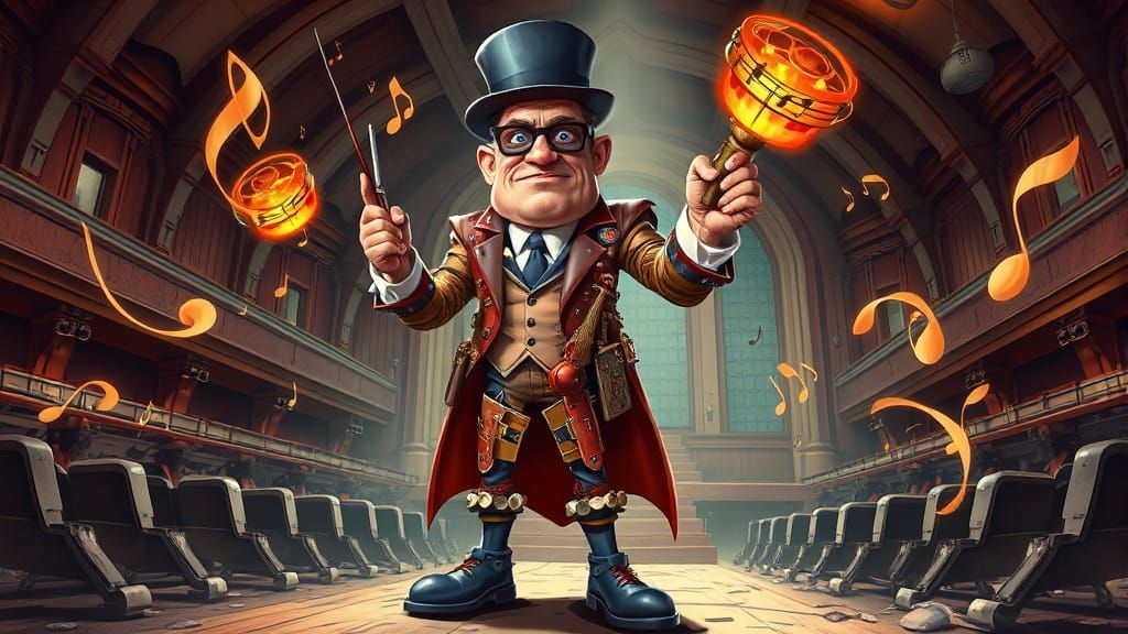 The Mismatched Maestro in Steampunk Caricature Style