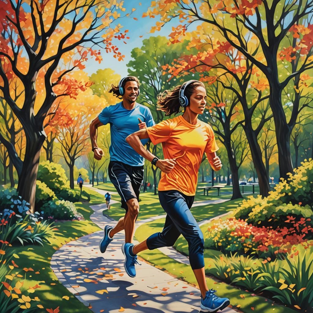 Jogger in Sun-Dappled Park with Abstract Waves