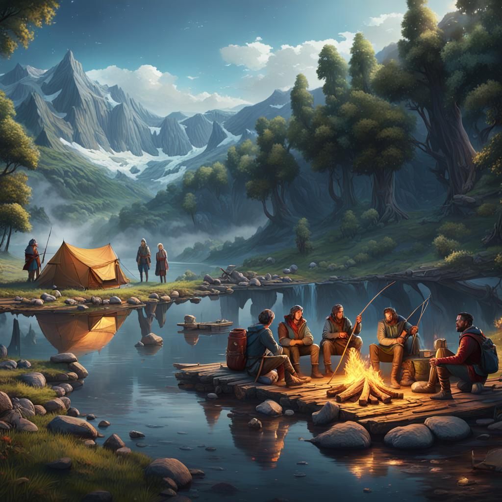 Adventuring Party Resting by River: Fantasy Concept Art