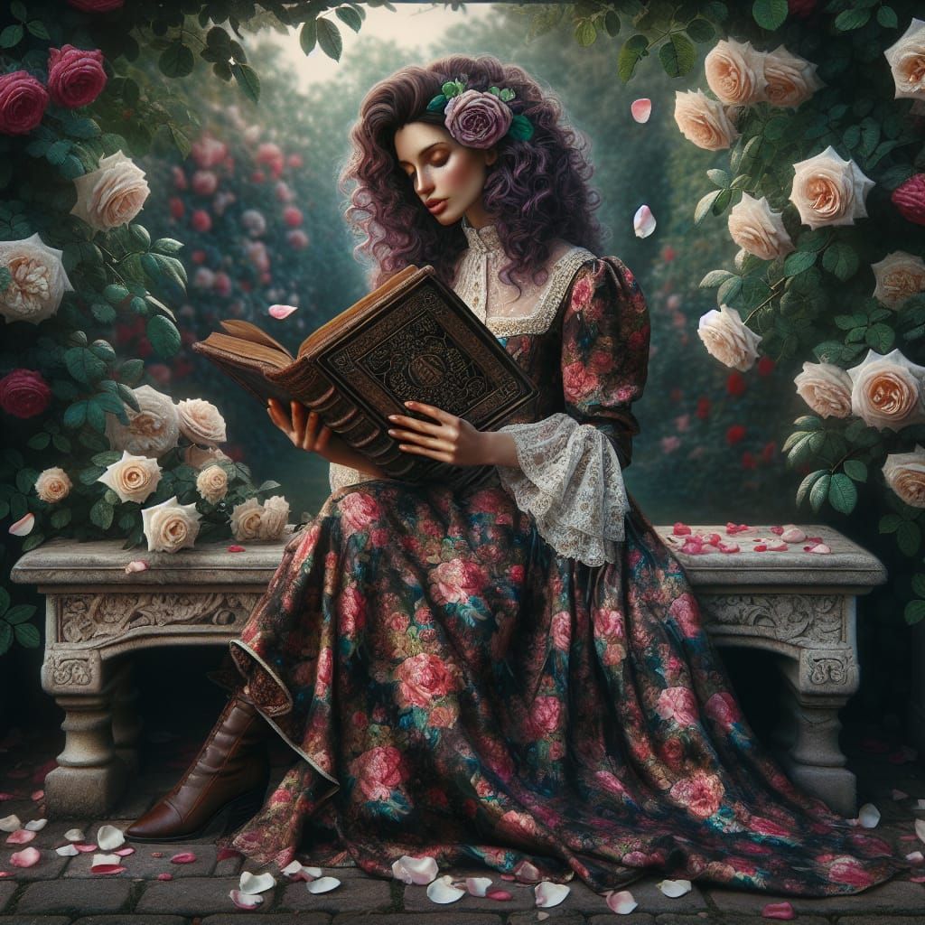 Elegant Middle Eastern Woman Reads in a Serene Rose Garden