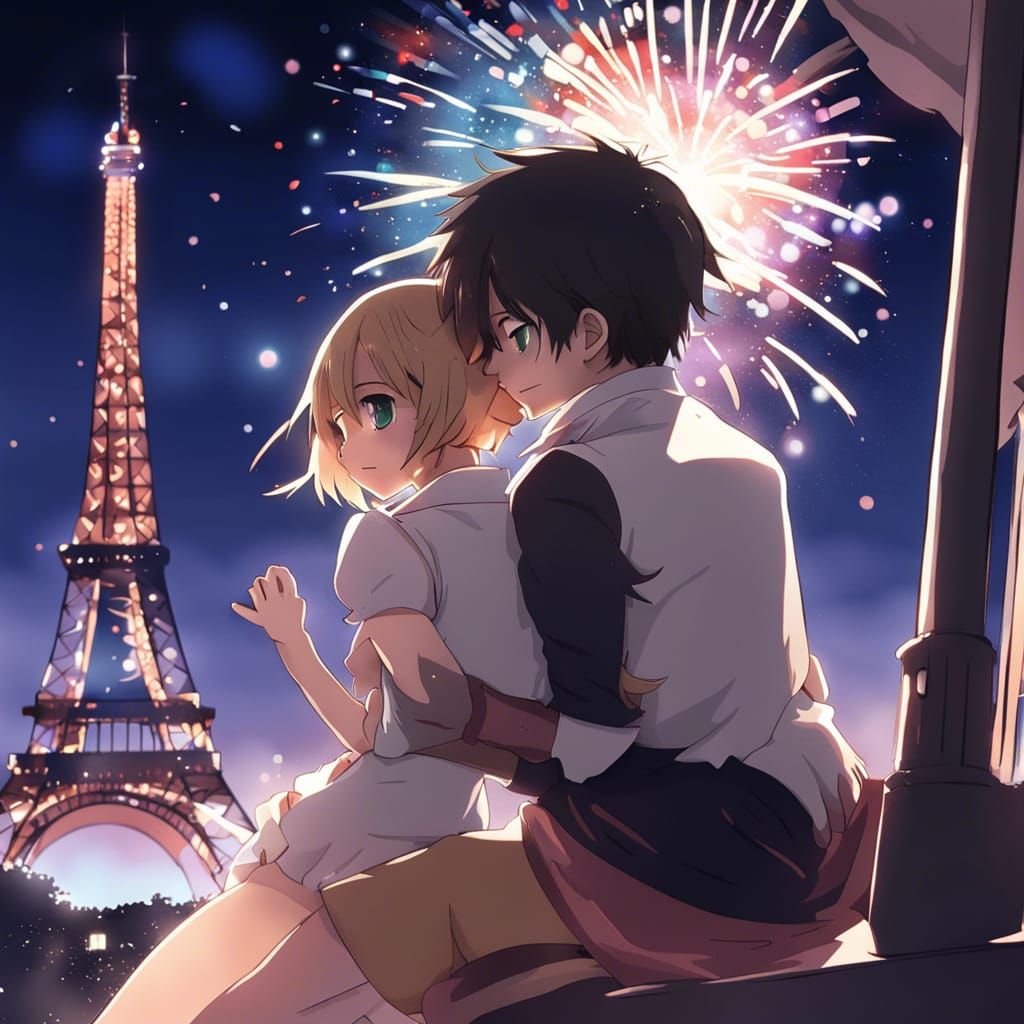 Eiffel Tower Fireworks: Anime Style Romance