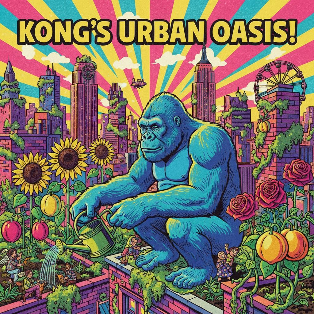 King Kong Tends Rooftop Garden in Vibrant Pop Art Style