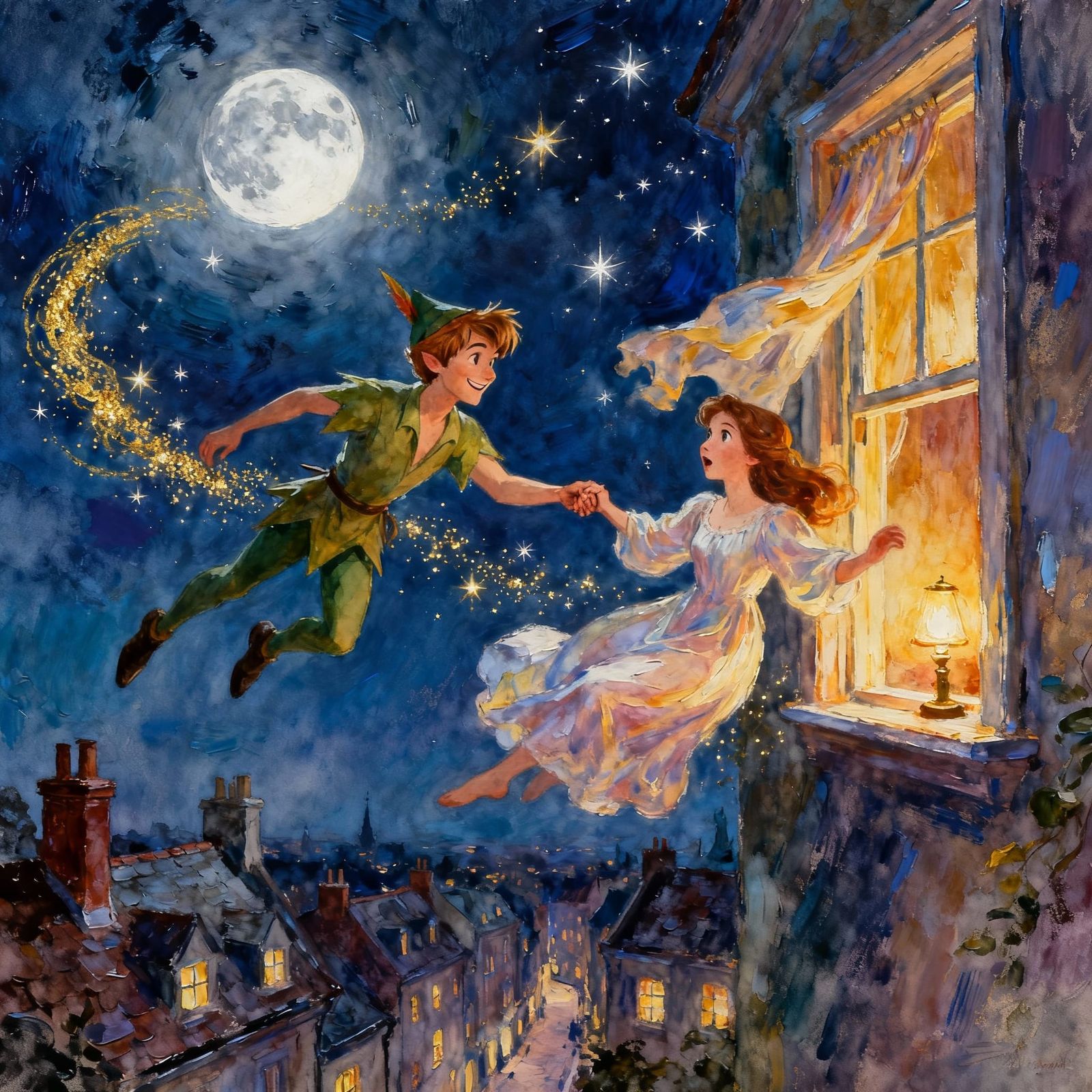 Peter Pan Flies Wendy Over a Sleeping City in Gouache