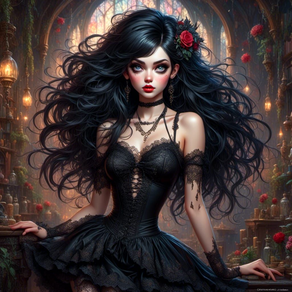 Gothic Pinup with Long Black Hair and Expressive Eyes
