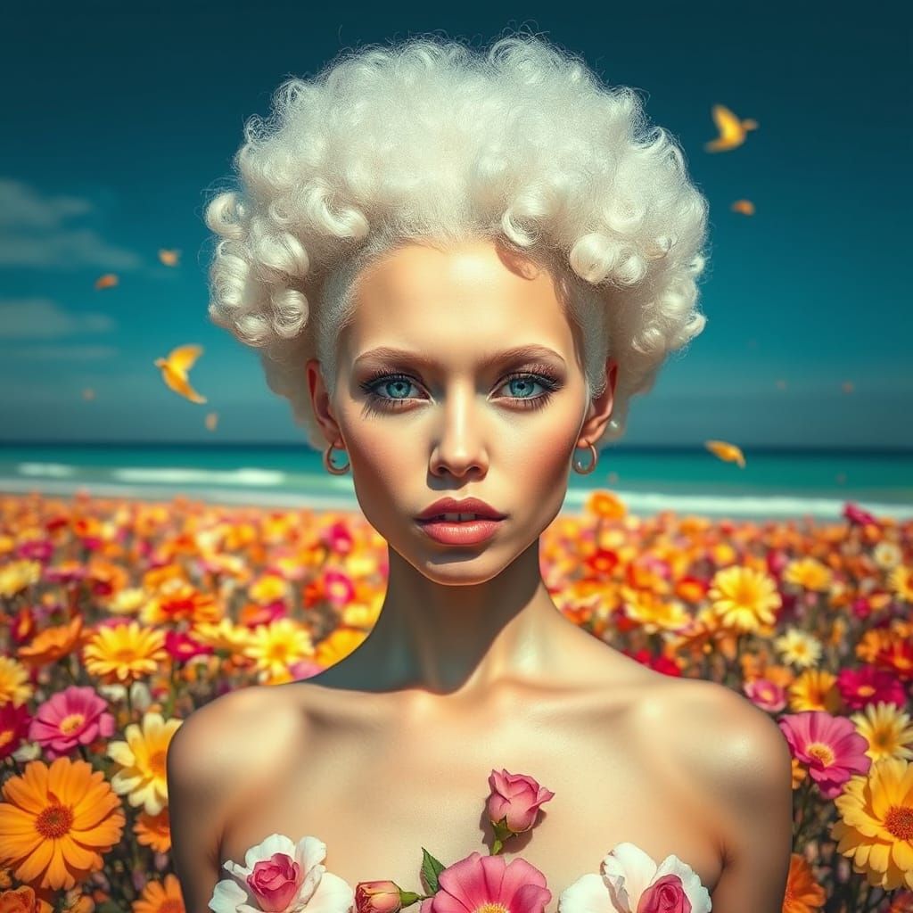 Albino Woman on Beach with Vibrant Flowers