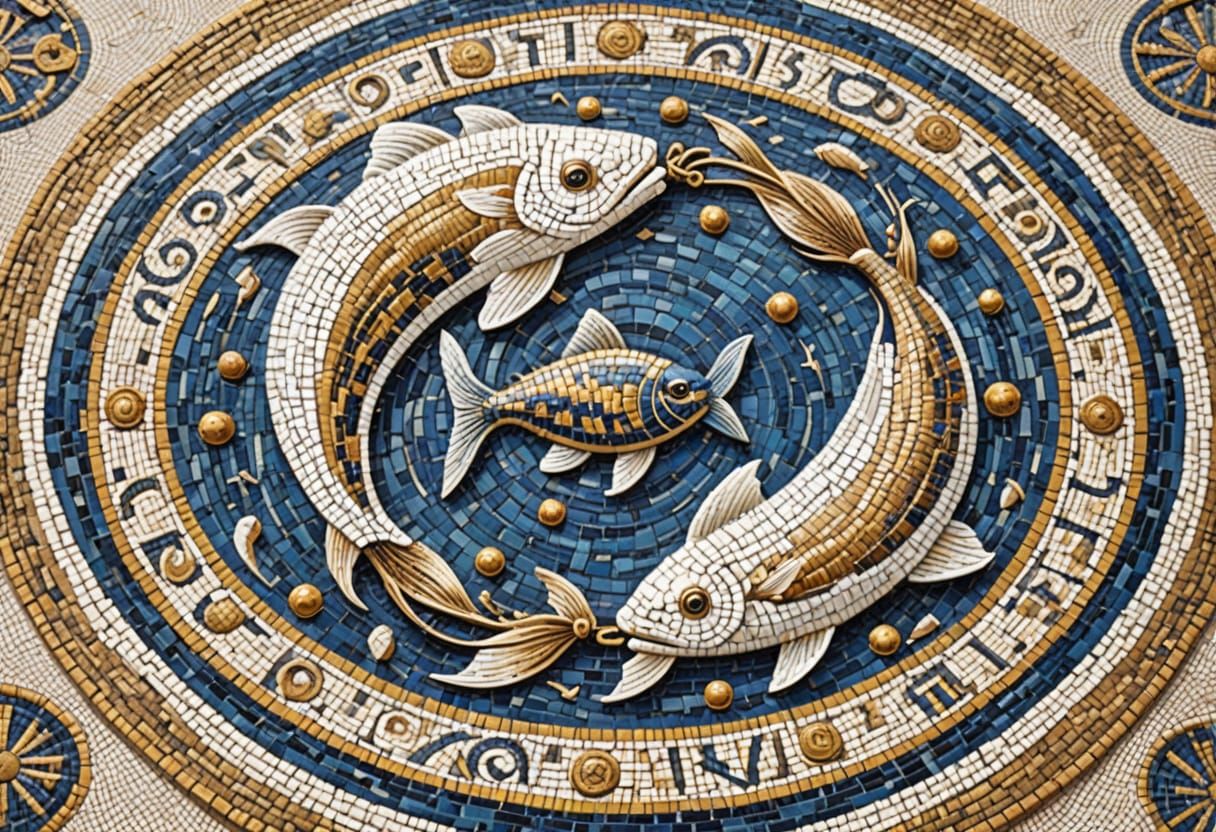 Ancient Greek Zodiac Mosaic with Two Fishes in Blue, White, ...