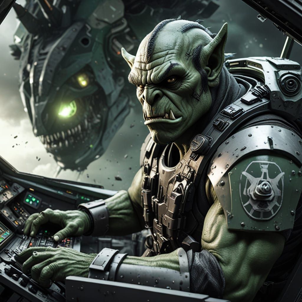 Cyberpunk Orc Pilot in Intergalactic Battle