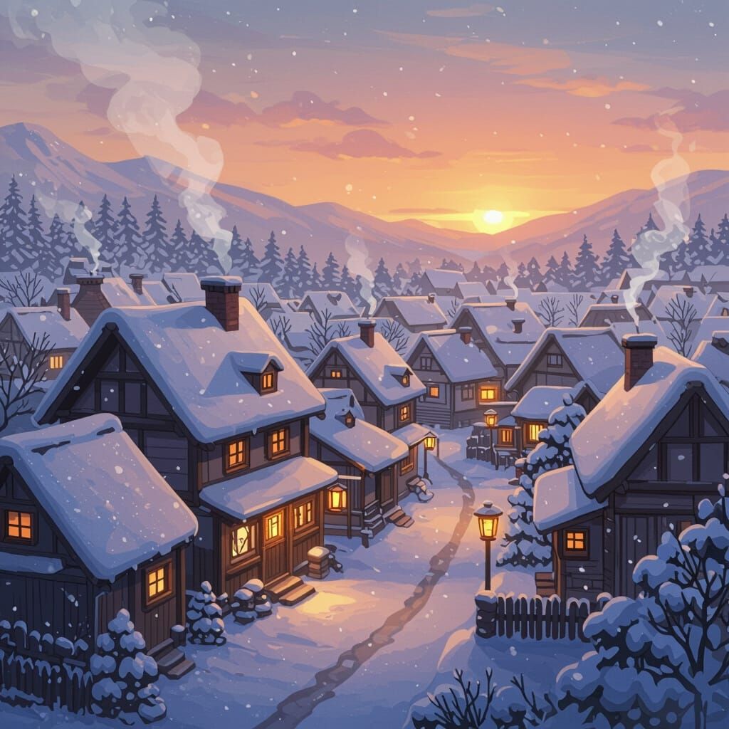 Anime Winter Village at Sunset