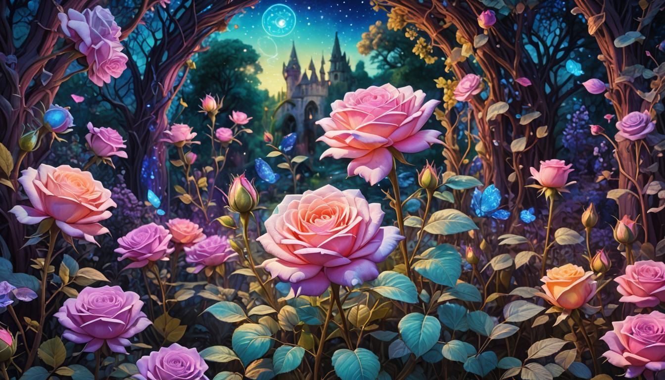 Magical English Garden: Crystal Rose Sculptures at Dusk