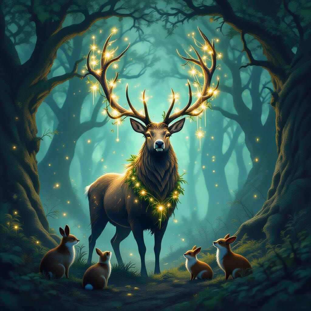 Majestic Stag Spirit in Ancient Woodland with Glowing Blosso...