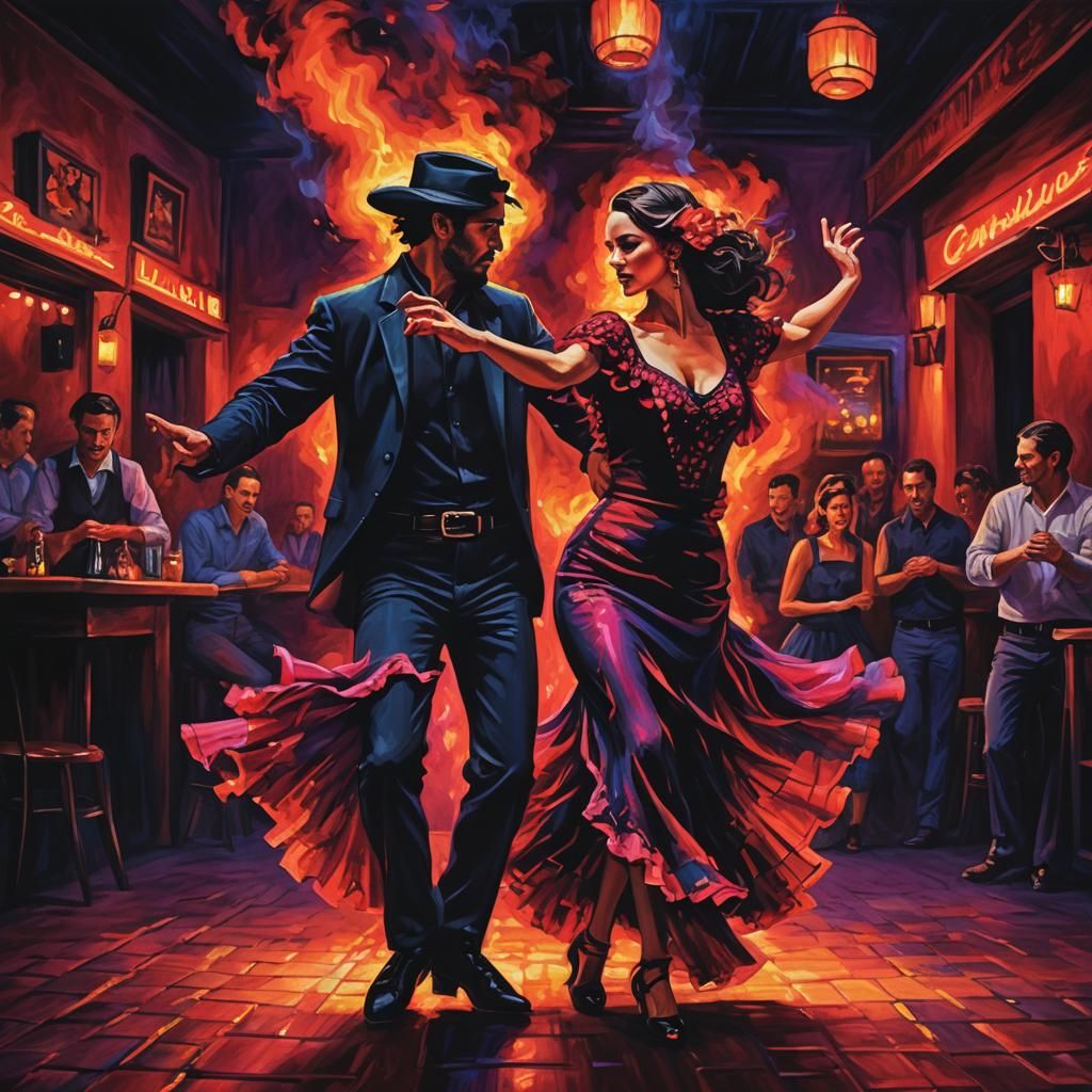 Flamenco Dancers in Neon Firelight