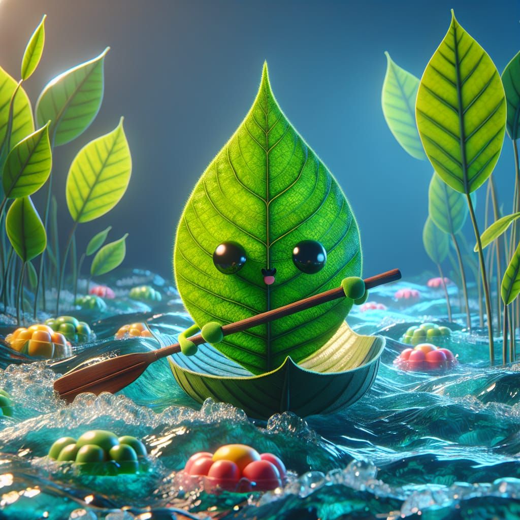Cute Leaf Character Paddling Down River in Hyperrealistic St...