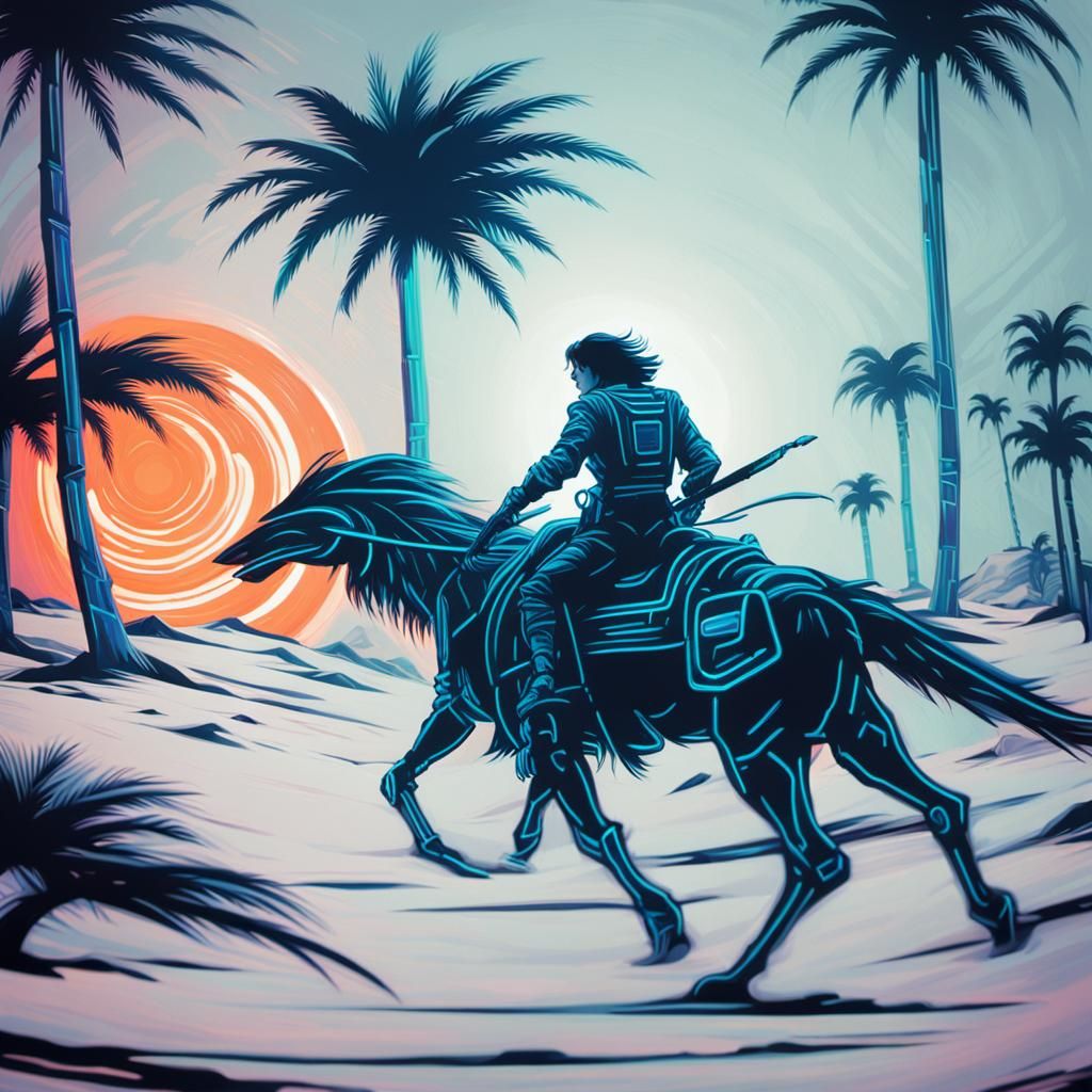 Synthwave Desert Walker in Retro-Futuristic Style