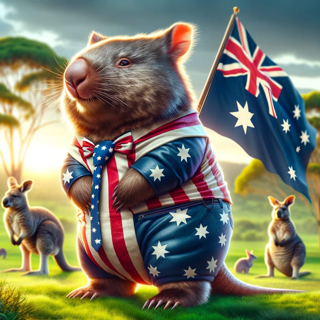 Patriotic Wombat Proudly Displays Australian Colors at Sunse...