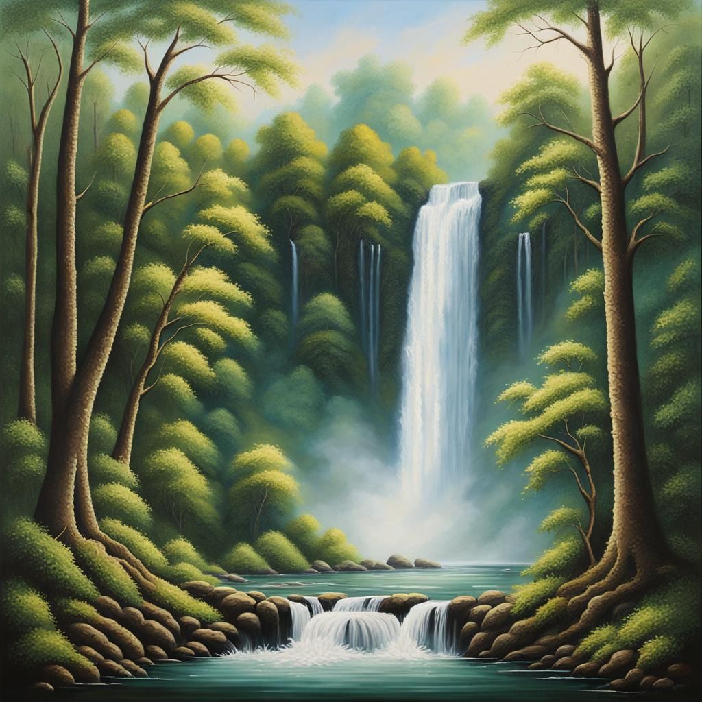 painting of a waterfall and trees in the background