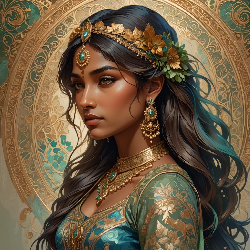 Indian Girl with Horse, Art Nouveau Portrait