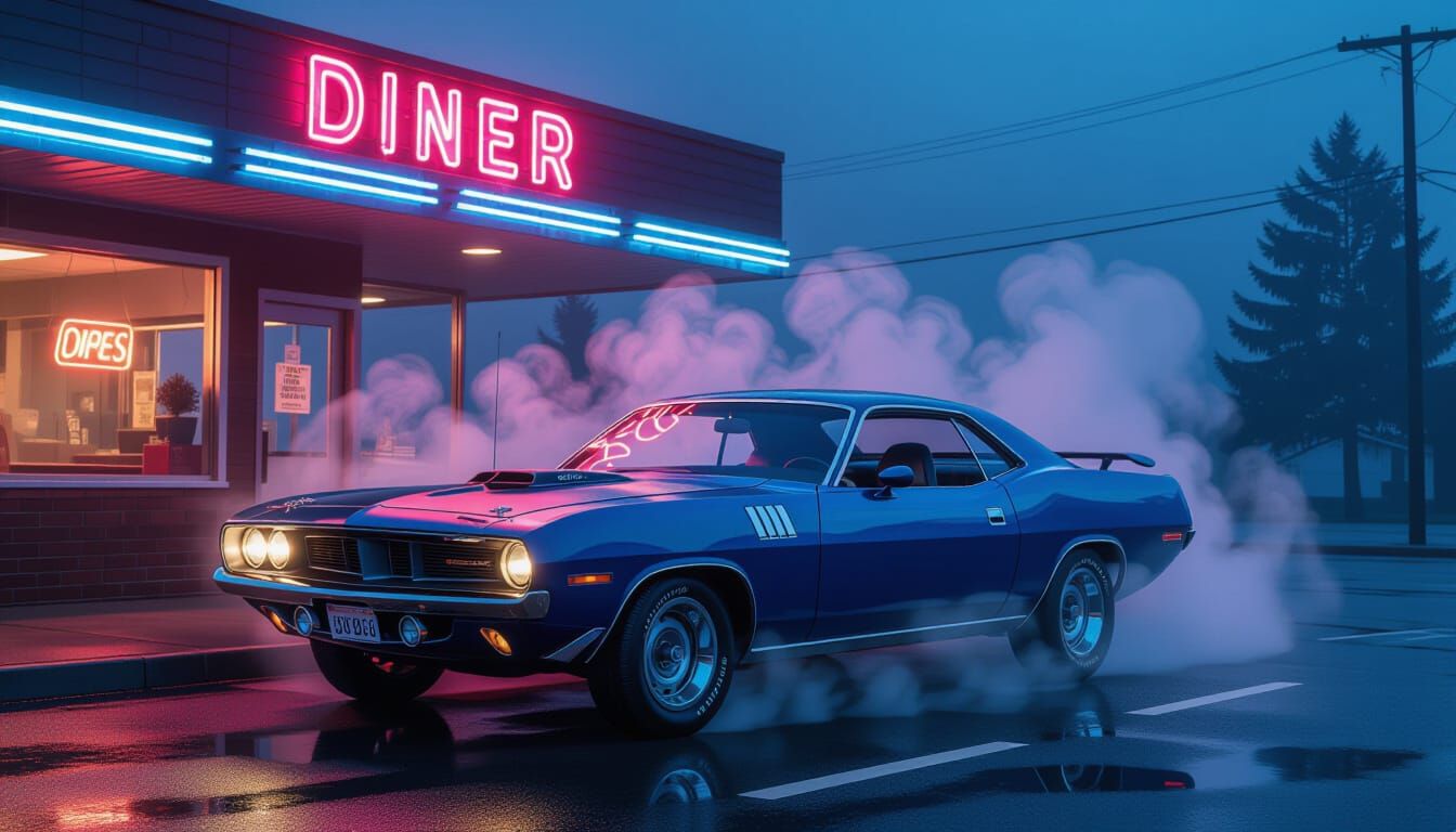 1970 Plymouth Barracuda Under Neon Diner Glow