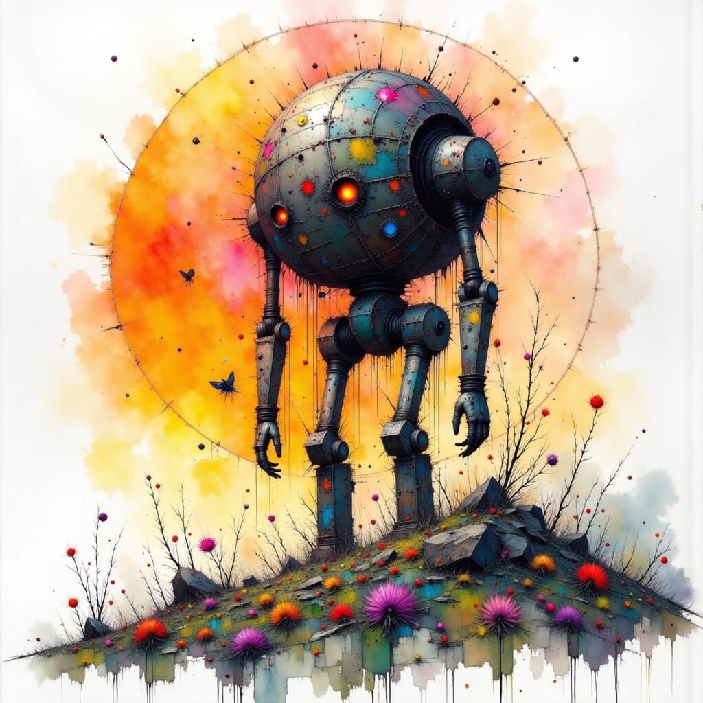 Weathered Robot at Sunrise: Charcoal and Watercolor