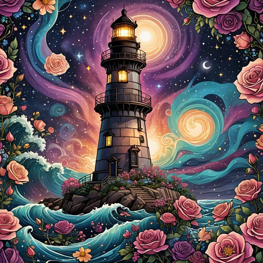 Lighthouse Amidst Galaxy of Roses in Vector Art