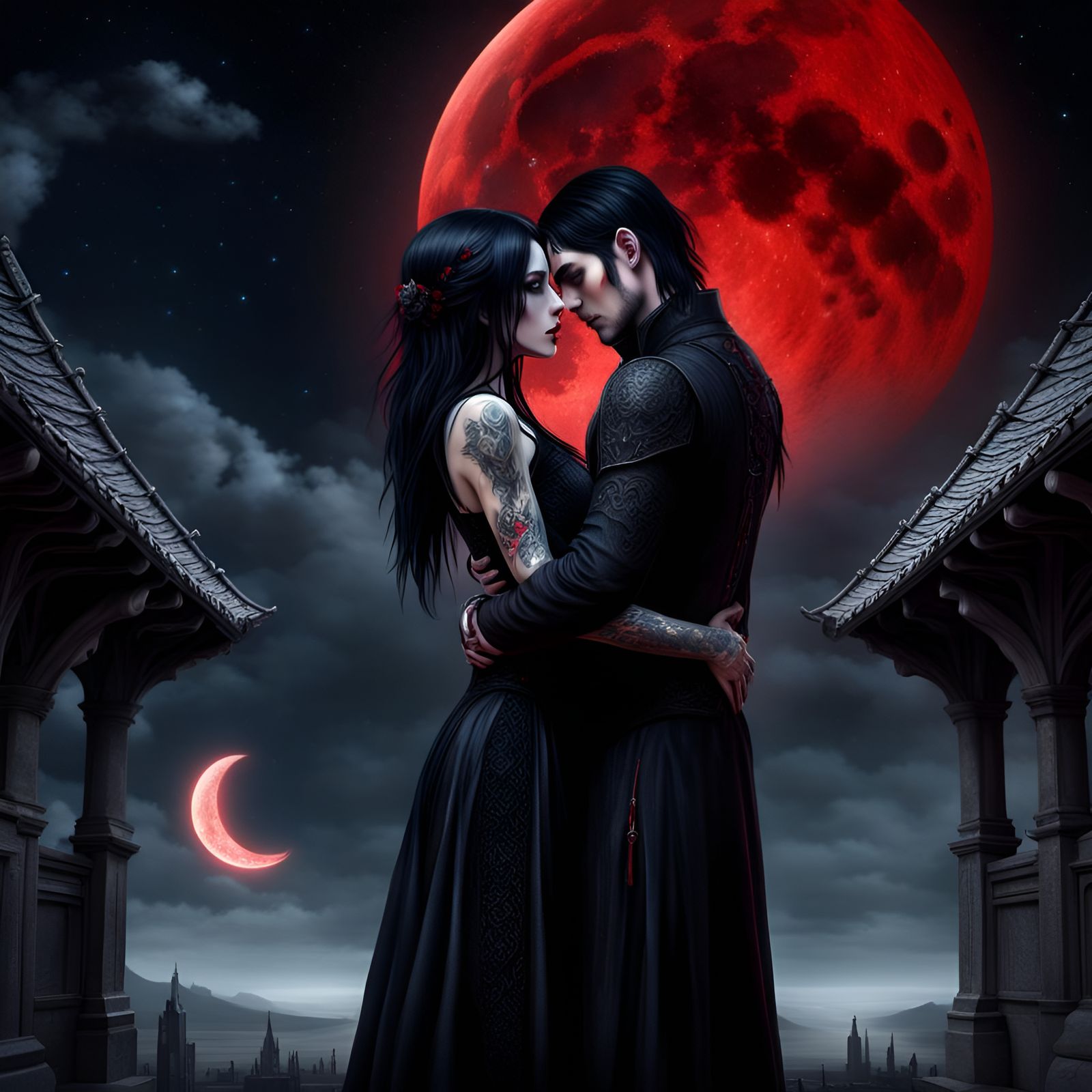 Gothic Couple Embrace Under Red Moon