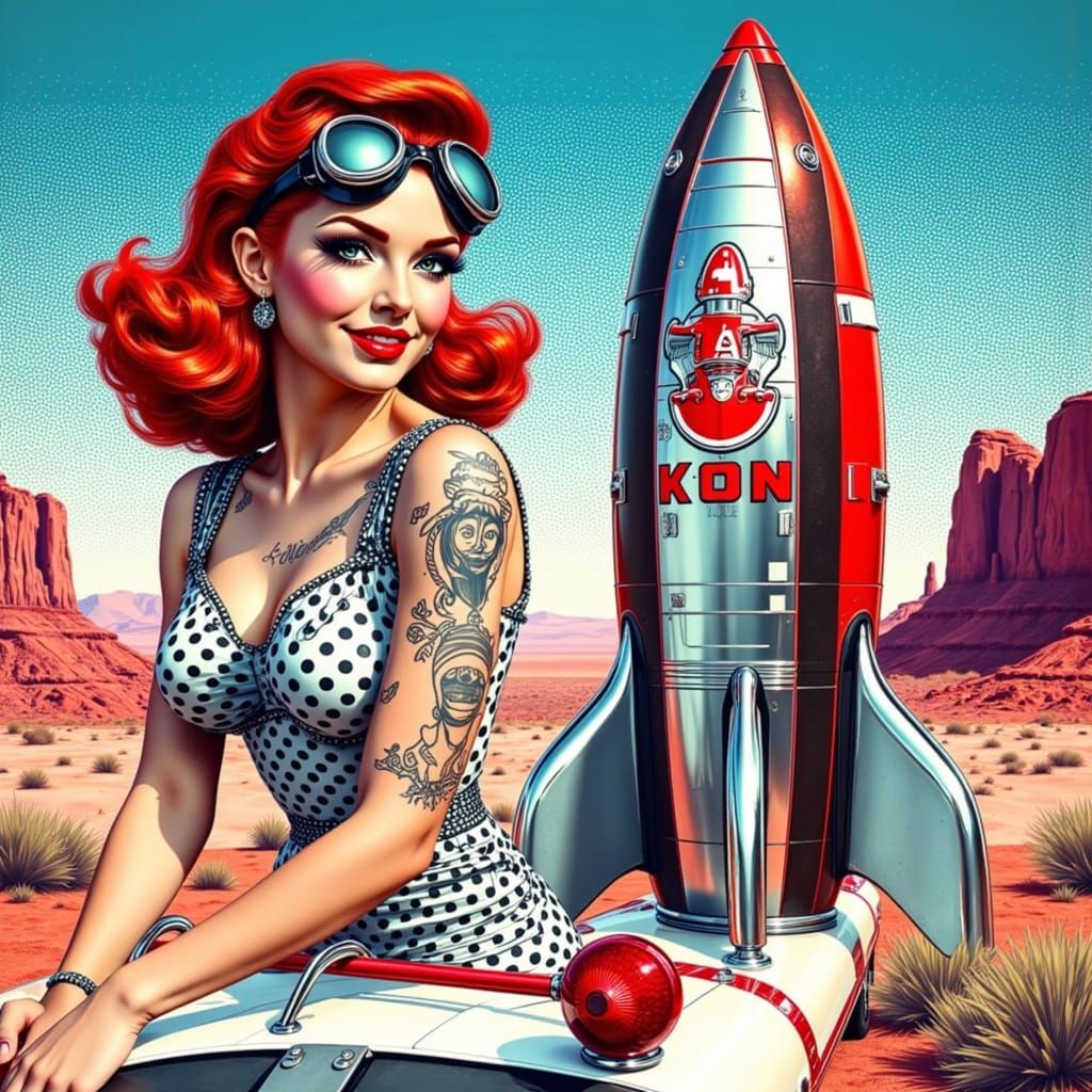 Retro Pin-Up Girl on Rocket in Desert Landscape