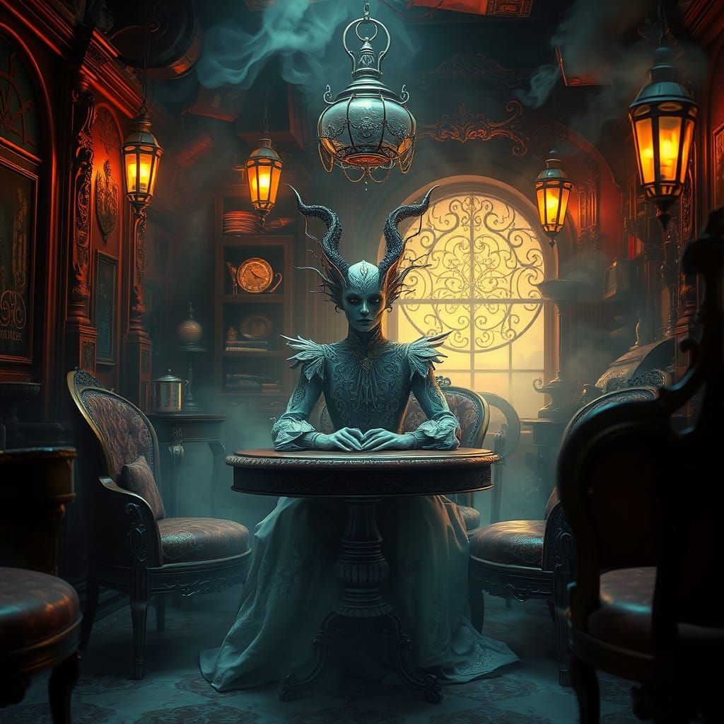 Surreal Cafe Scene with Mystical Being in Victorian Attire
