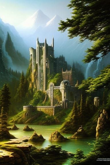 Surreal Mountain Castle Amidst Cascading Waterfalls
